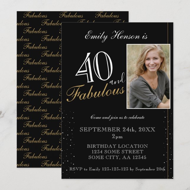 Invitation 40 et fabuleux Elegant Black Photo Anniversaire (Devant / Derrière)