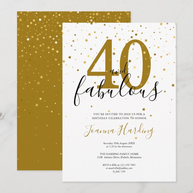 Invitation 40 et fabuleux Elegant Gold et Noir Anniversaire (Devant / Derrière)