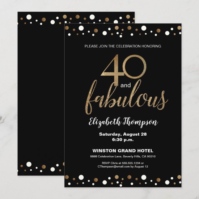 Invitation 40 et fabuleux Or noir 40e anniversaire Personnali (Devant / Derrière)