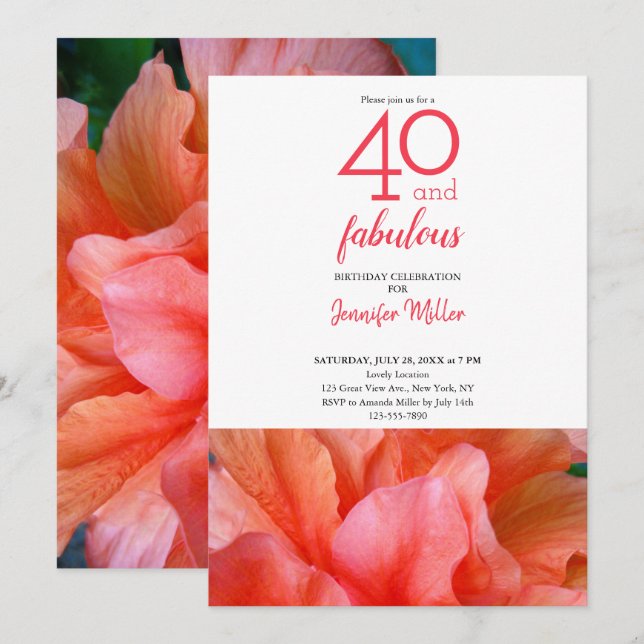 Invitation 40 et fabuleux Orange rose Flower Photo Anniversai (Devant / Derrière)