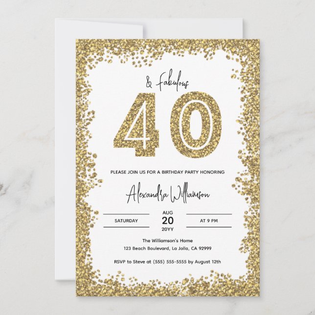 Invitation 40 et Fabulous Gold Parties scintillant 40e fête d (Devant)