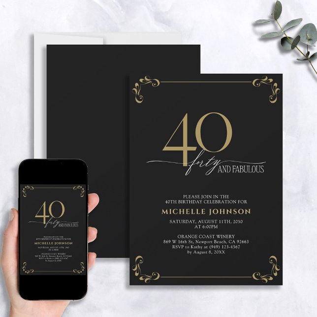 Invitation 40 & Fabuleux Black & Gold Calligraphy Anniversair (Créateur téléchargé)