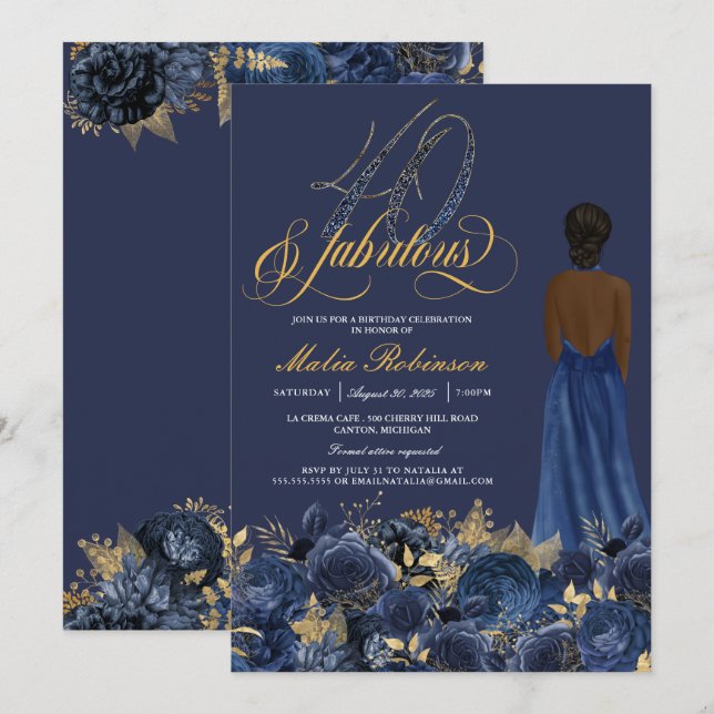 Invitation 40 & Fabuleux Elegant Sapphire Formal Birthday Inv (Devant / Derrière)