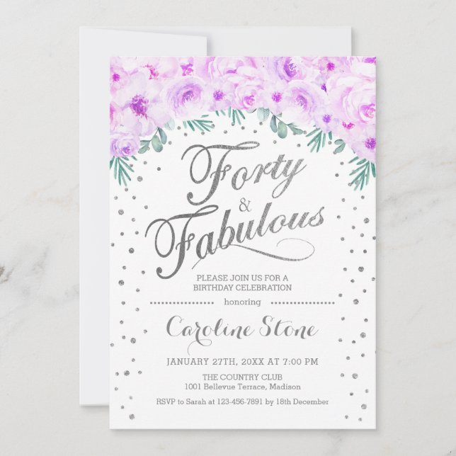 Invitation 40 Fabuleux fête d'anniversaire - Blanc Argent vio (Devant)