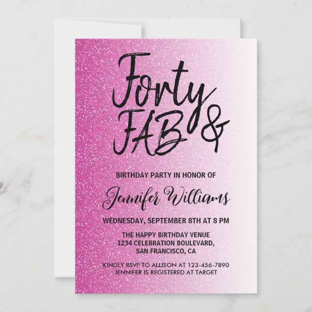 Invitation 40 Fabuleux Hot Pink Parties scintillant 40e anniv (Devant)