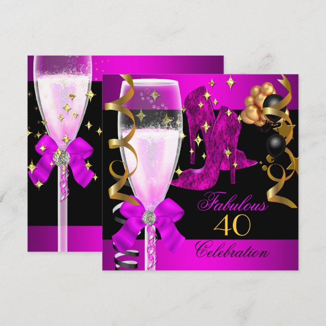 Invitation 40 Fabuleux Pink Purple Gold 40e fête d'anniversai (Devant / Derrière)