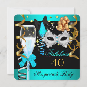 Invitation 40 Fabuleux Turquoise Blue Gold Masquerade Party