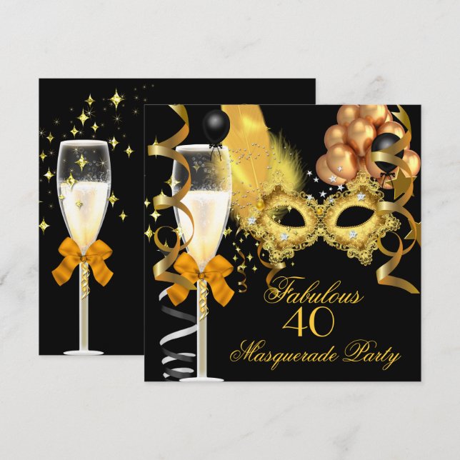 Invitation 40 & Fabulous Gold Black Masquerade Party (Devant / Derrière)