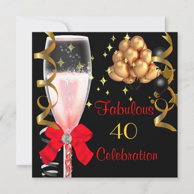 Invitation 40 & Fabulous Red Black Gold fête d'anniversaire (Devant)