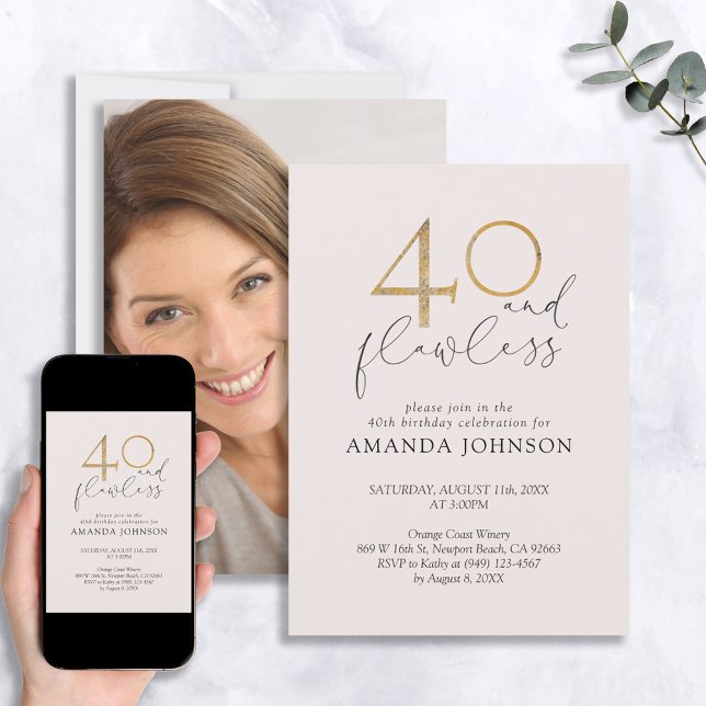 Invitation 40 & Flawless Blush Pink & Gold Photo Anniversaire (Créateur téléchargé)