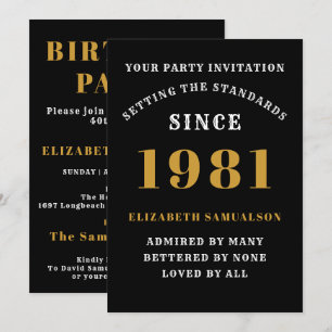 Invitation 40e anniversaire 1981 Black Gold personnalisée pou