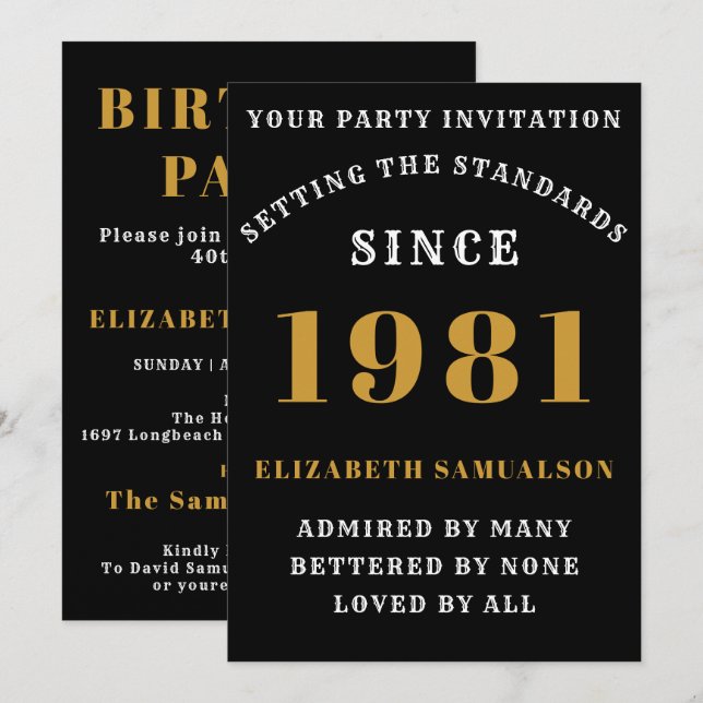 Invitation 40e anniversaire 1981 Black Gold personnalisée pou (Devant / Derrière)