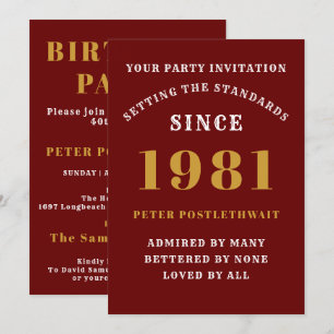 Invitation 40e Anniversaire 1981 Or Rouge Personnalisé Pour L