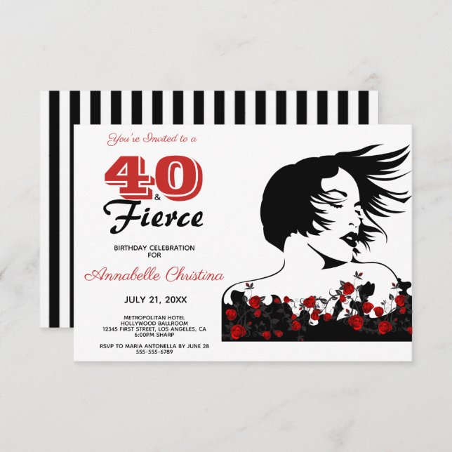 Invitation 40e anniversaire 40 & FIERCE Moderne Noir/Blanc/Ro (Devant / Derrière)