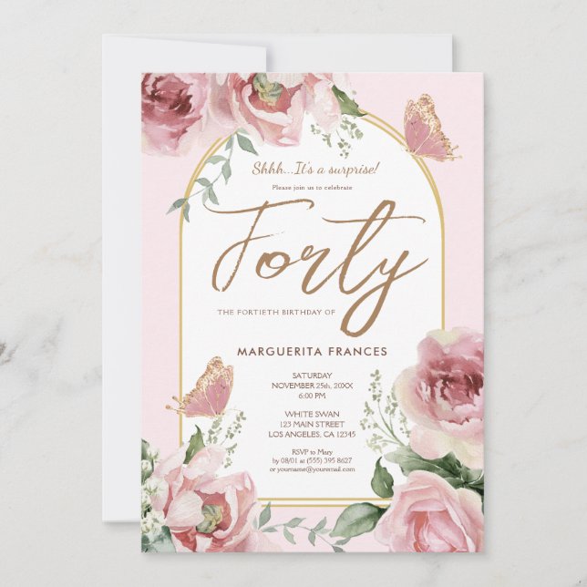 Invitation 40e anniversaire Aquarelle rose pâle Roses floraux (Devant)