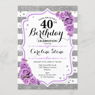 Invitation 40e anniversaire - Argent blanc rayures Roses viol