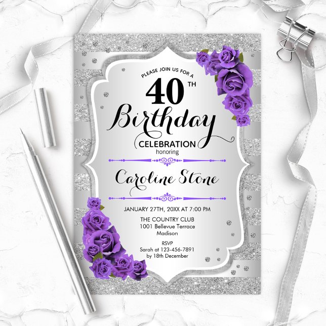 Invitation 40e anniversaire - Argent Stripes Rose pourpre (Créateur téléchargé)