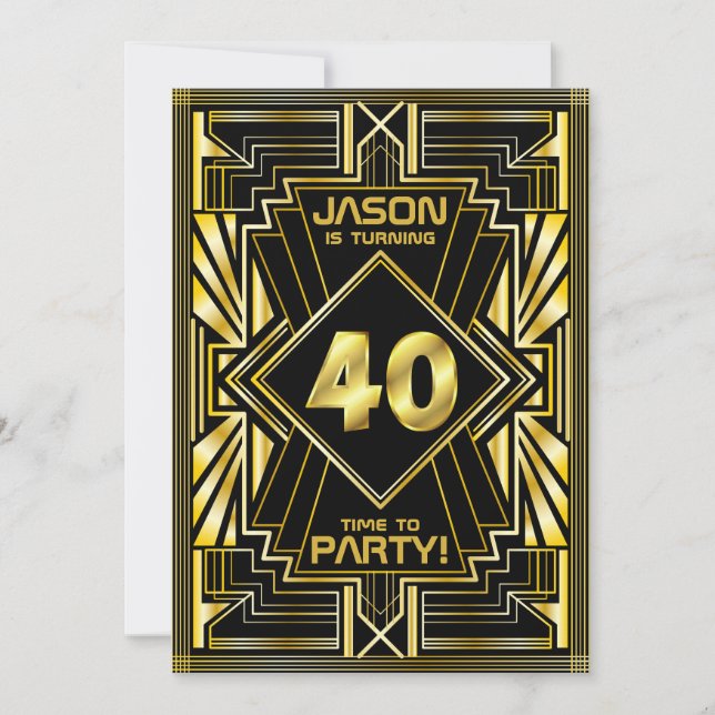 Invitation 40e anniversaire Art Déco Gold Black Great Gatsby (Devant)