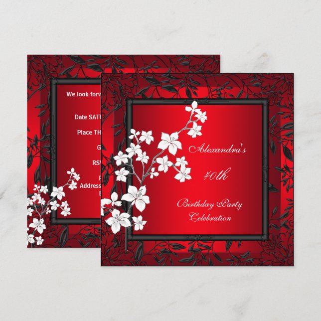 Invitation 40e anniversaire Asiatique Rouge Noir Floral Argen (Devant / Derrière)