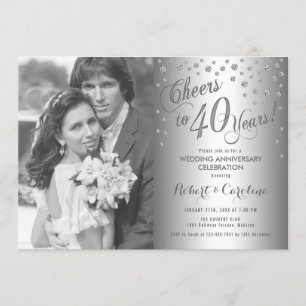 Invitation 40e anniversaire avec photo - argent diamanté