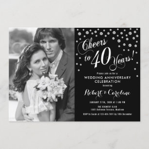 Invitation 40e anniversaire avec photo - Blanc argenté noir