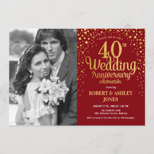 Invitation 40e anniversaire avec photo - Or rouge