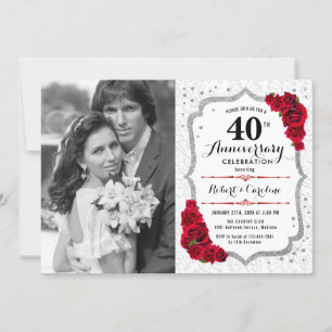 Invitation 40e anniversaire avec photo - Rouge rubis argent