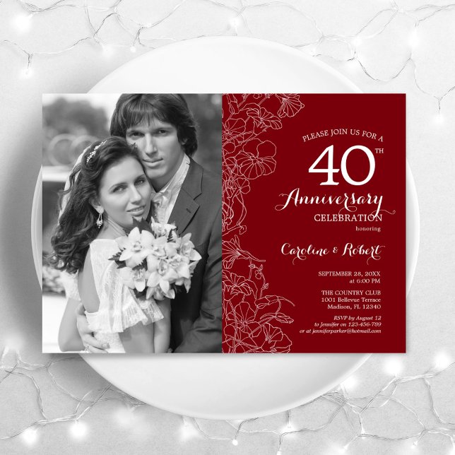 Invitation 40e Anniversaire Avec Photo Rouge Rubis Blanc Flor (Créateur téléchargé)