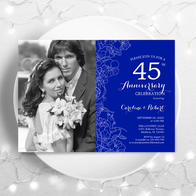 Invitation 40e Anniversaire Avec Photo Sapphire Blanc Floral (Créateur téléchargé)