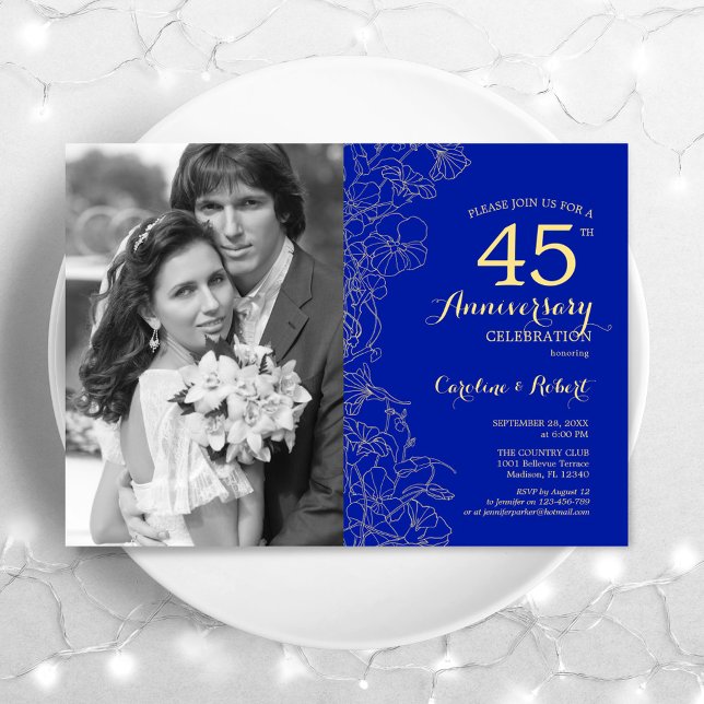 Invitation 40e anniversaire avec photo Sapphire or floral (Créateur téléchargé)