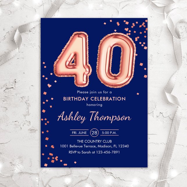 Invitation 40e anniversaire - Ballons d'or Rose Marine (Créateur téléchargé)