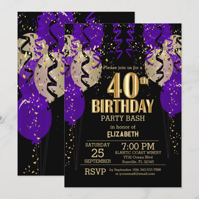 Invitation 40e anniversaire - Ballons pourpres (Devant / Derrière)