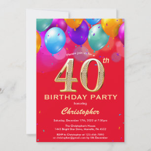 Invitation 40e anniversaire Ballons rouges et dorés