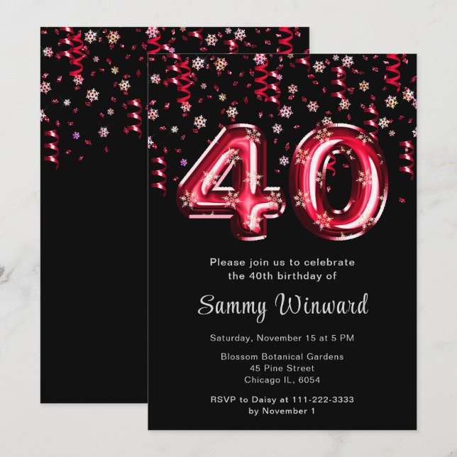 Invitation 40e anniversaire Ballons rouges Flocon de neige Co (Devant / Derrière)