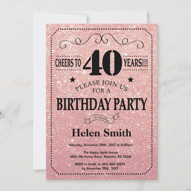 Invitation 40e anniversaire Black and Rose Rose Parties scint (Devant)