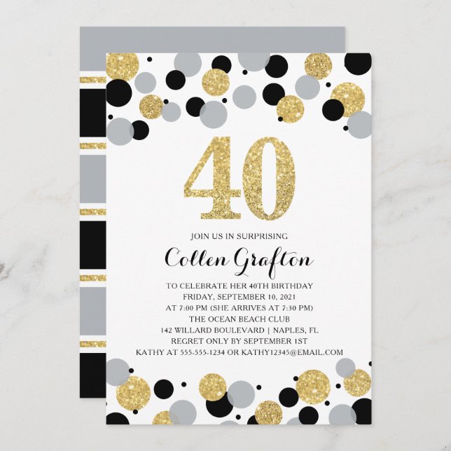 Invitation 40e anniversaire Black Gold Gris Parties scintilla (Devant / Derrière)