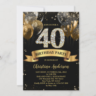 Invitation 40e anniversaire Black Gold Parties scintillant Ba