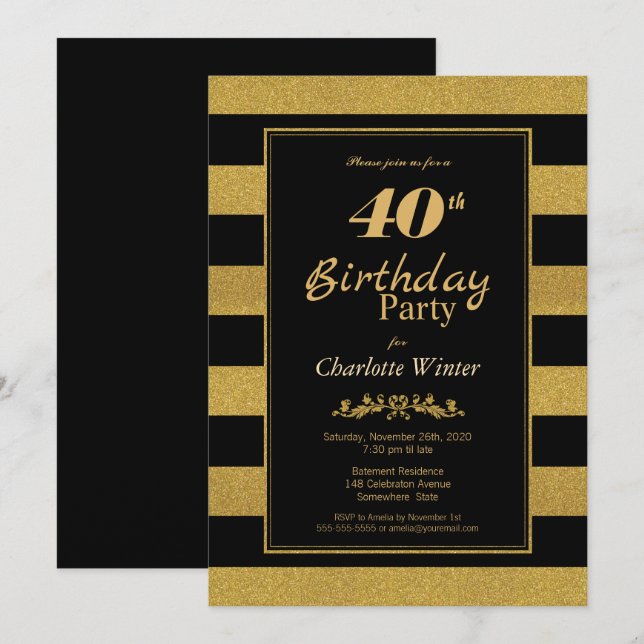 Invitation 40e anniversaire Black Gold Striped Party (Devant / Derrière)