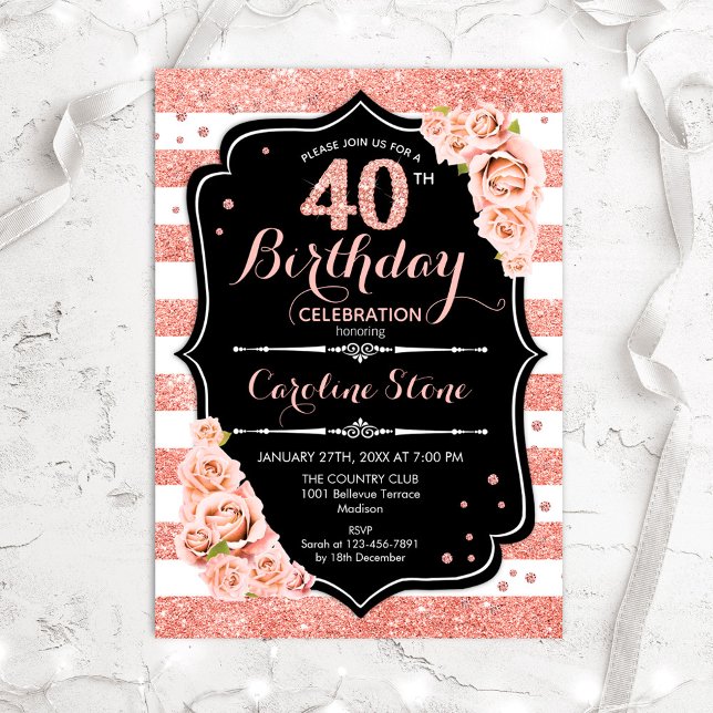Invitation 40e anniversaire Black Rose Gold et White Stripes (Créateur téléchargé)