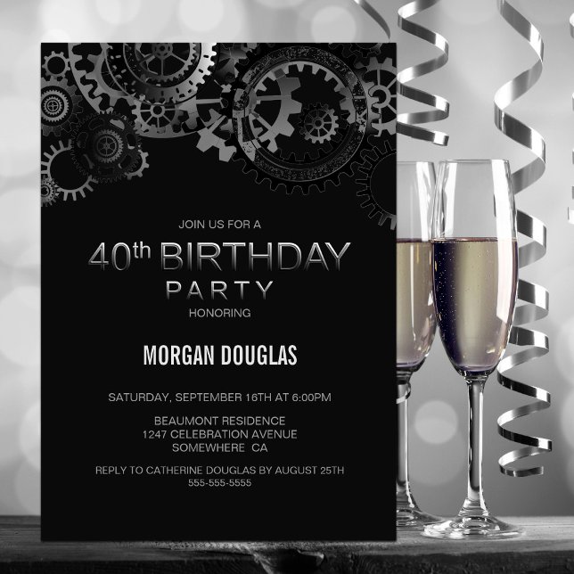 Invitation 40e anniversaire Black Silver Steampunk Watch Gear (Créateur téléchargé)