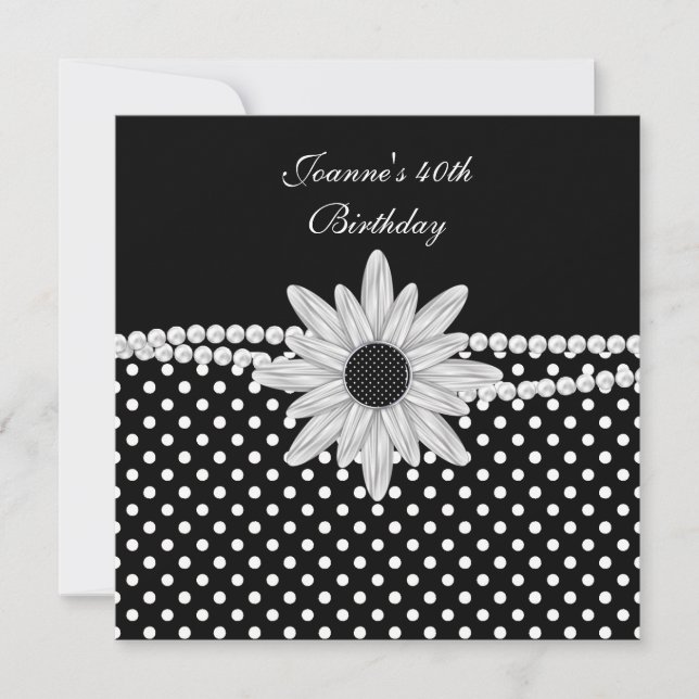Invitation 40e anniversaire Black White Pearl Flower Spot (Devant)
