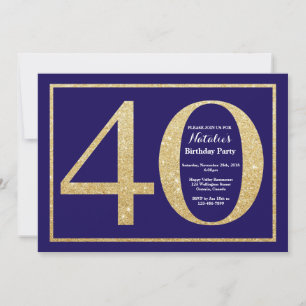 Invitation 40e anniversaire bleu marine et paillettes dorées