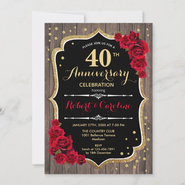 Invitation 40e anniversaire - Bois rouge or (Devant)