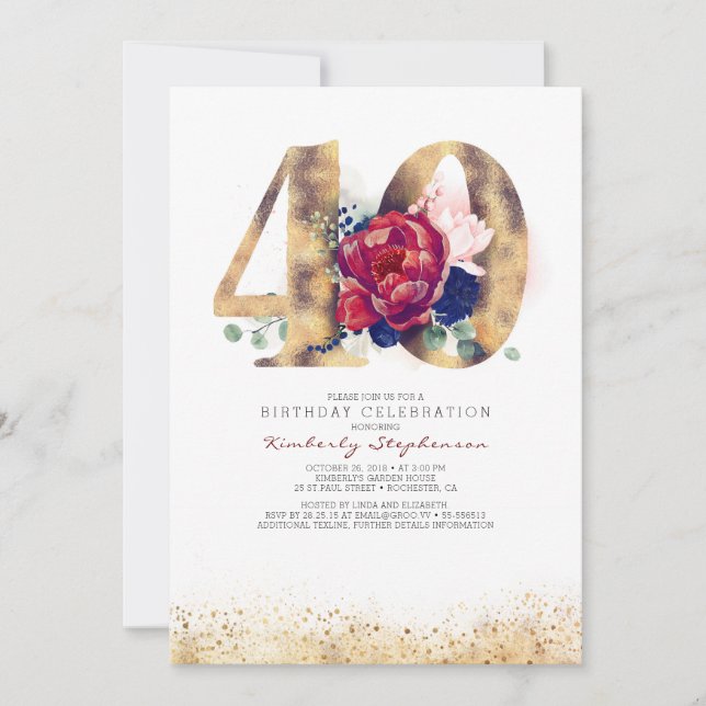 Invitation 40e anniversaire Bourgogne Rouge et bleu marine (Devant)