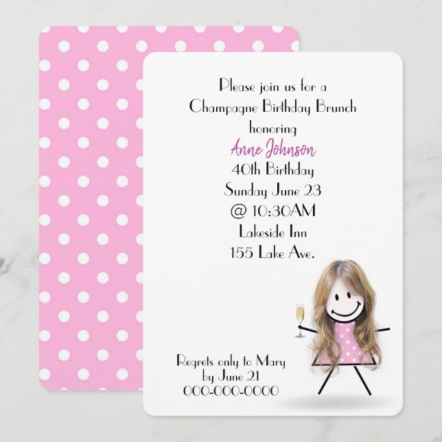 Invitation 40e anniversaire Champagne Brunch Stick Girl (Devant / Derrière)