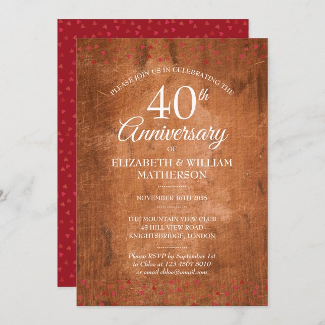 Invitation 40e Anniversaire Cœurs de rubis Bois rustique vint (Devant / Derrière)