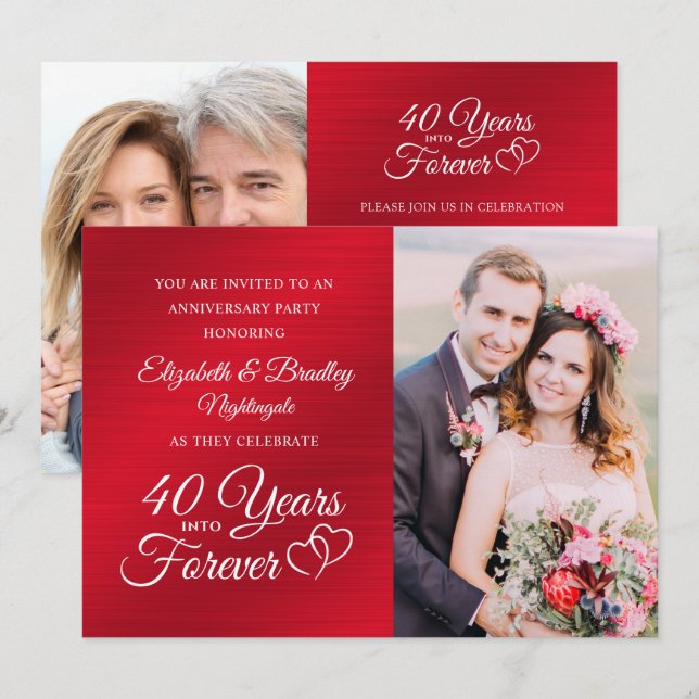 Invitation 40e Anniversaire Cœurs de rubis DES ANNÉES POUR TO (Devant / Derrière)