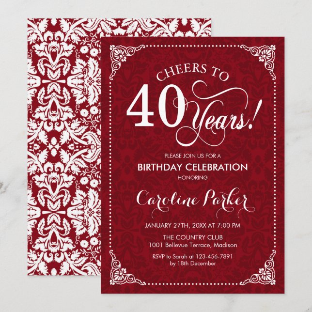 Invitation 40e anniversaire - Damas blanc rouge (Devant / Derrière)