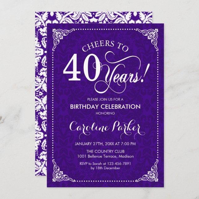 Invitation 40e anniversaire - Damas blanc violet (Devant / Derrière)