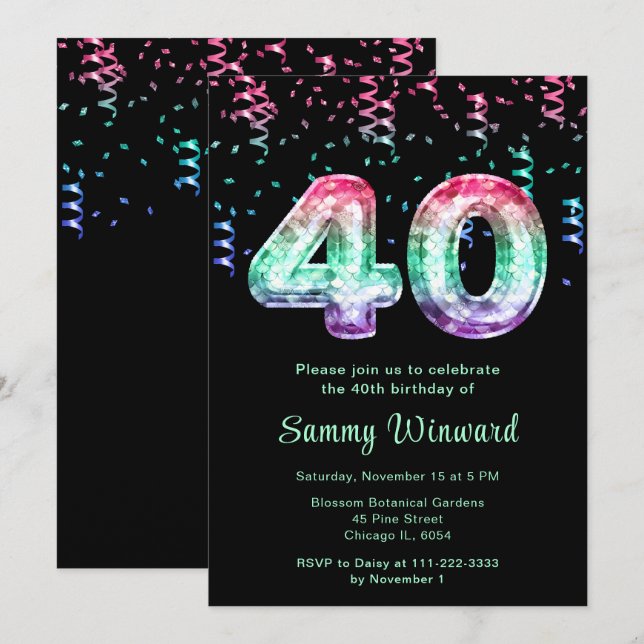 Invitation 40e anniversaire de ballons de sirène avec Confett (Devant / Derrière)